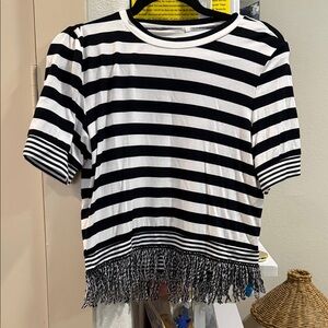 Black & White Striped Fringe Hem Crop Top